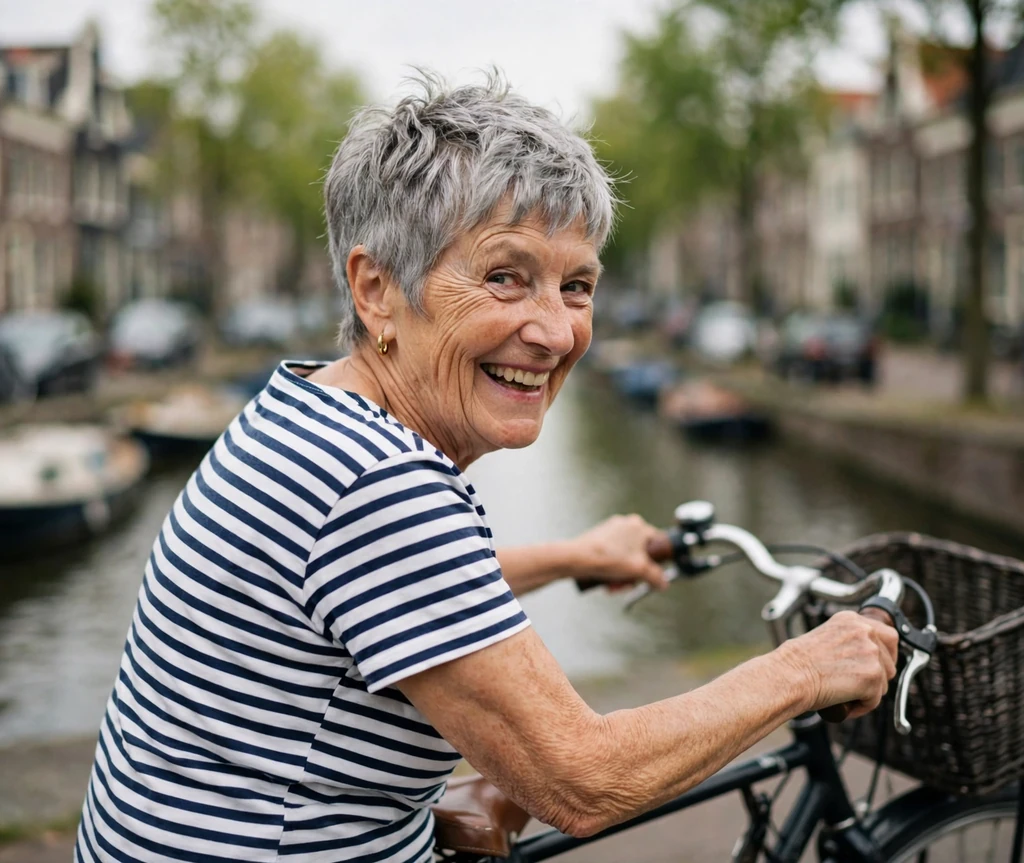 Playful senior woman with a tapered pixie with textured gray top by a canal