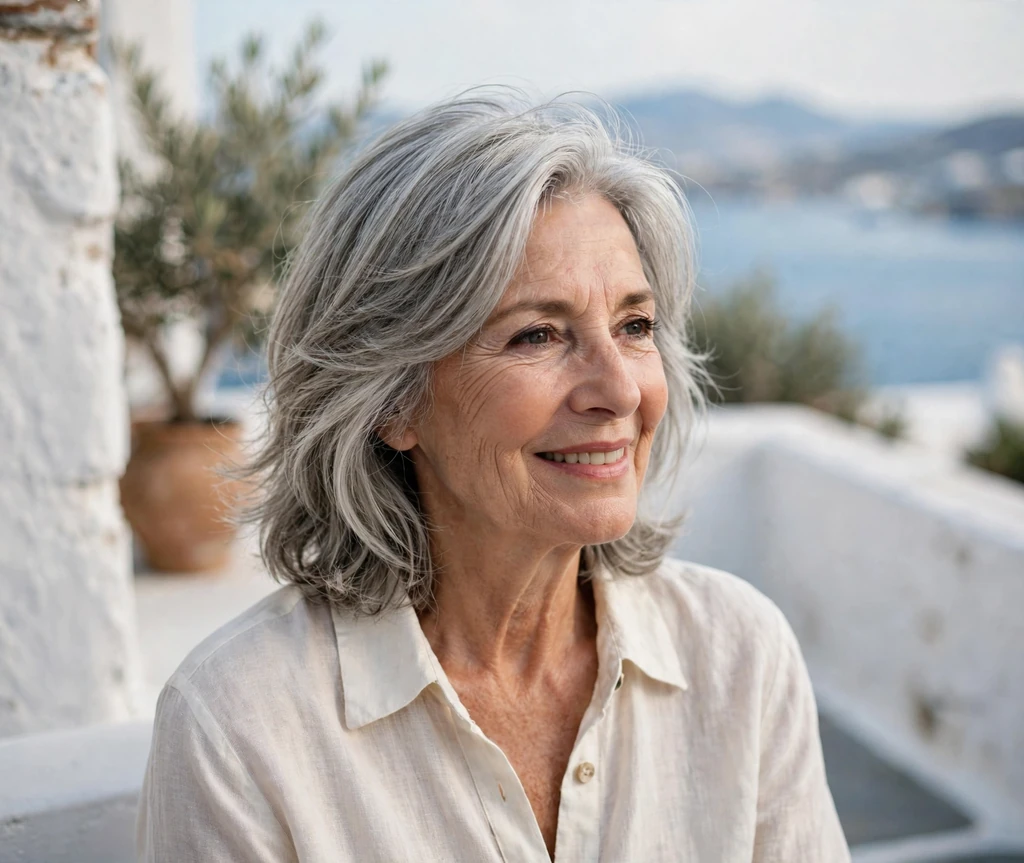 Elegant senior woman with a medium-length feathered silver cut on an island terrace