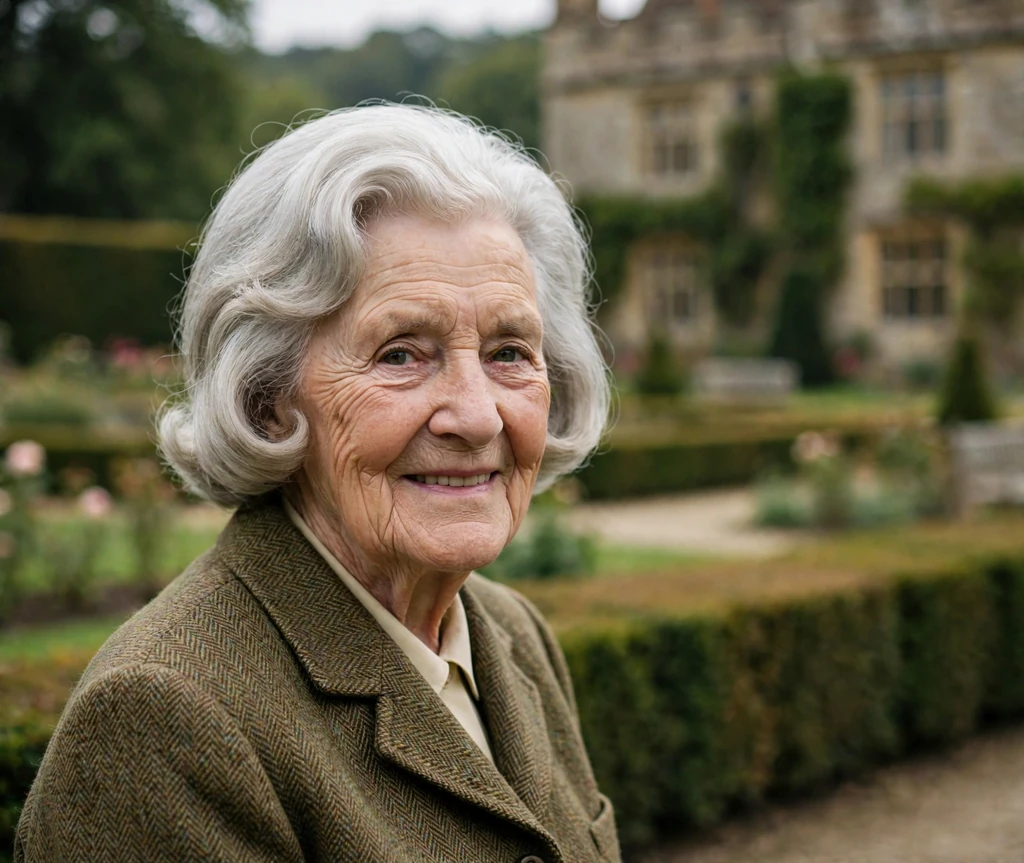 Classic senior woman with a white-gray pageboy haircut in a manor garden