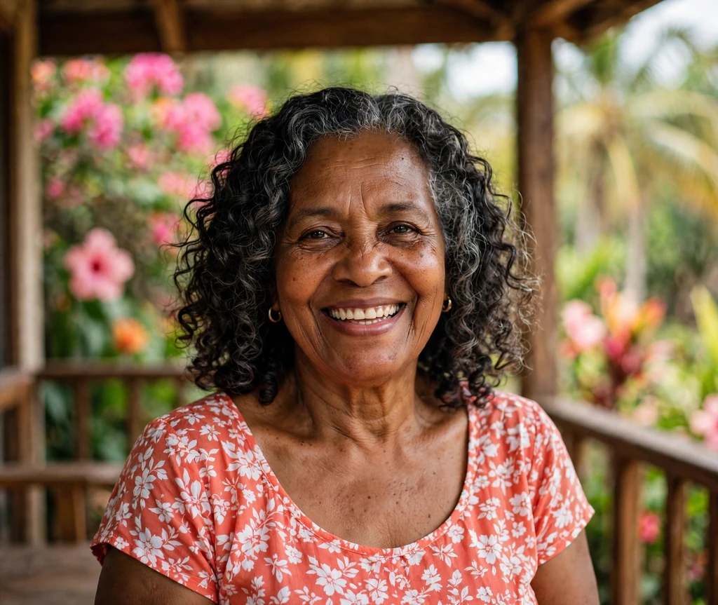 Lovely senior woman with soft spiral curls with gray threading on a veranda