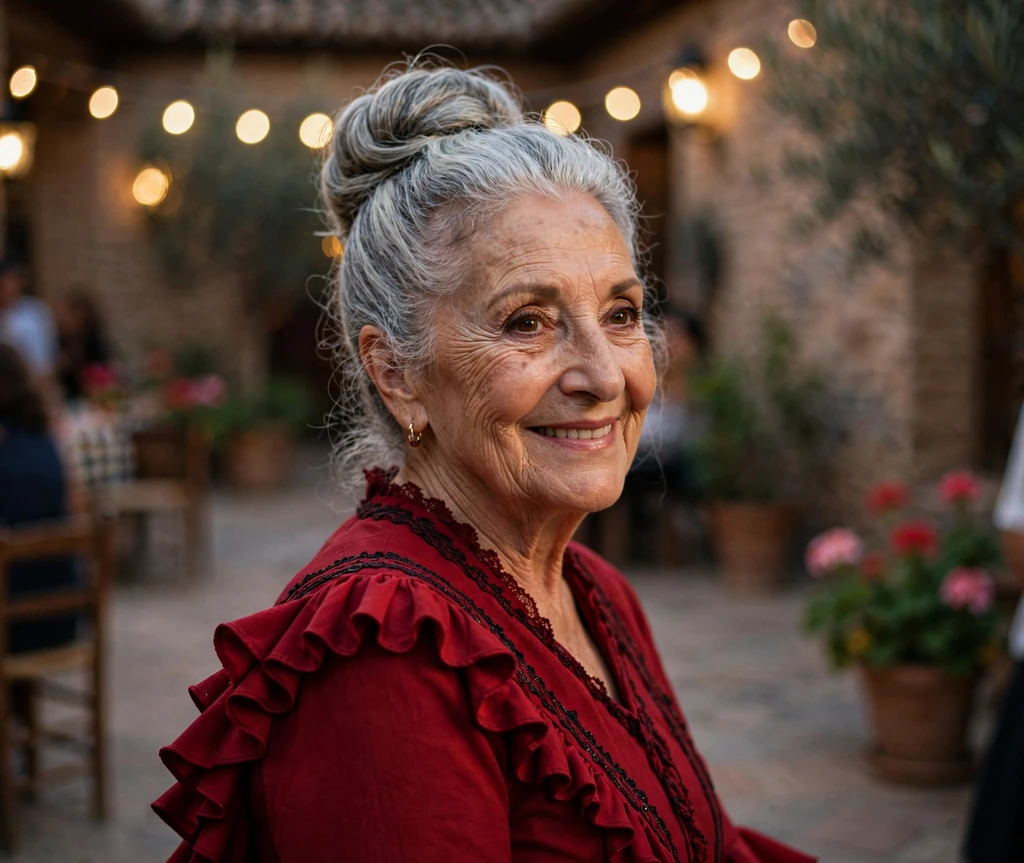 Elegant senior woman with a sophisticated silver high bun at a celebration