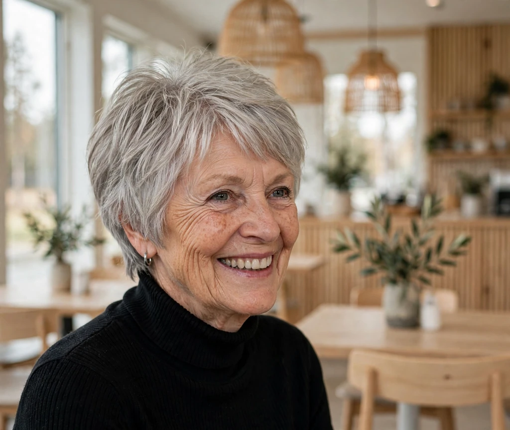 Modern senior woman with a layered platinum-gray pixie bob in a design cafe