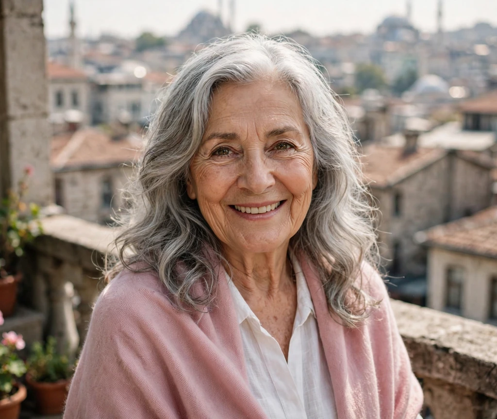 Beautiful senior woman with long silver waves and face-framing layers on a balcony