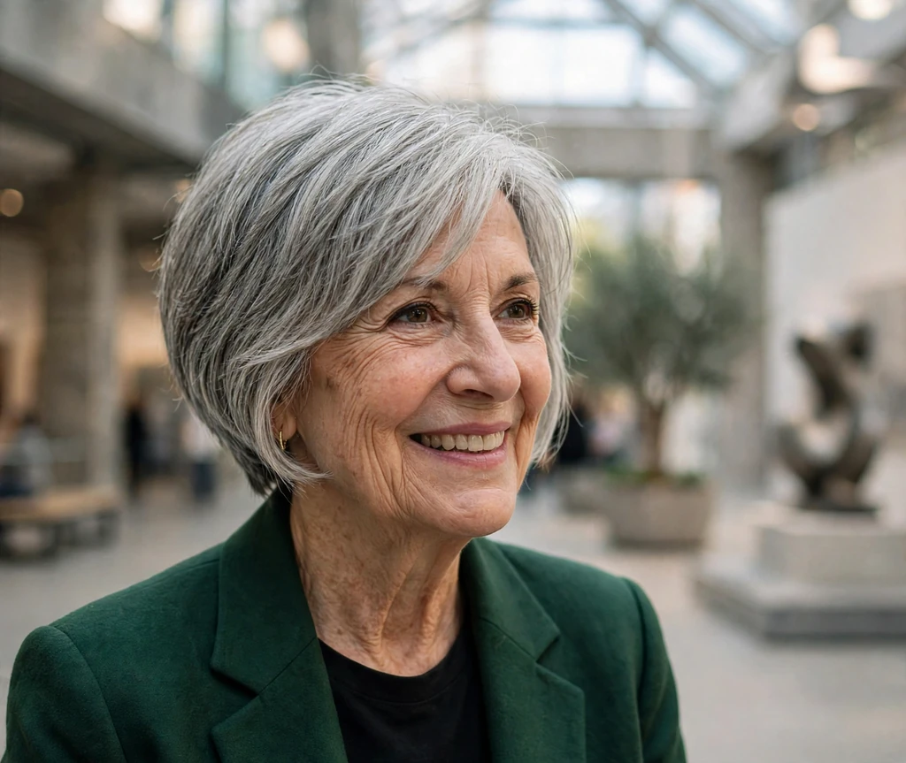 Sharp senior woman with a short stacked silver-gray bob in an art museum