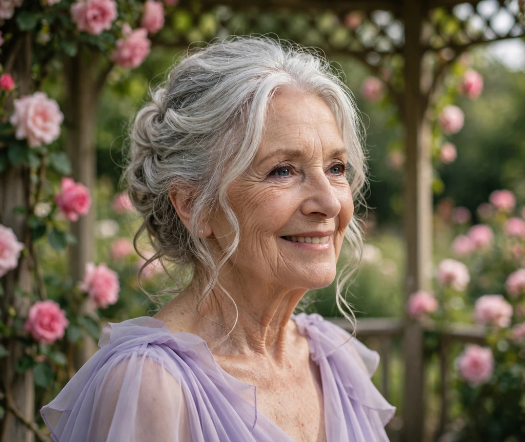 Romantic senior woman with a soft loosely pinned silver updo in a garden gazebo