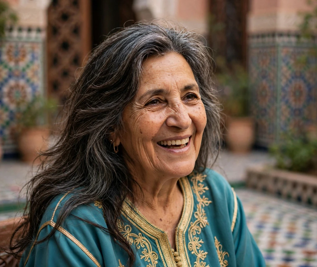 Striking senior woman with a long layered cut blending dark hair into natural gray in a riad
