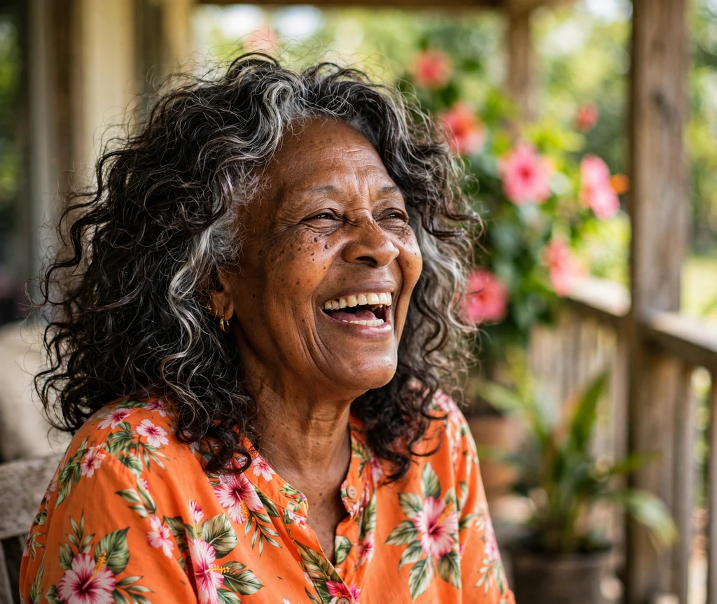 Joyful senior woman with a curly shoulder-length shag with silver streaks on a porch