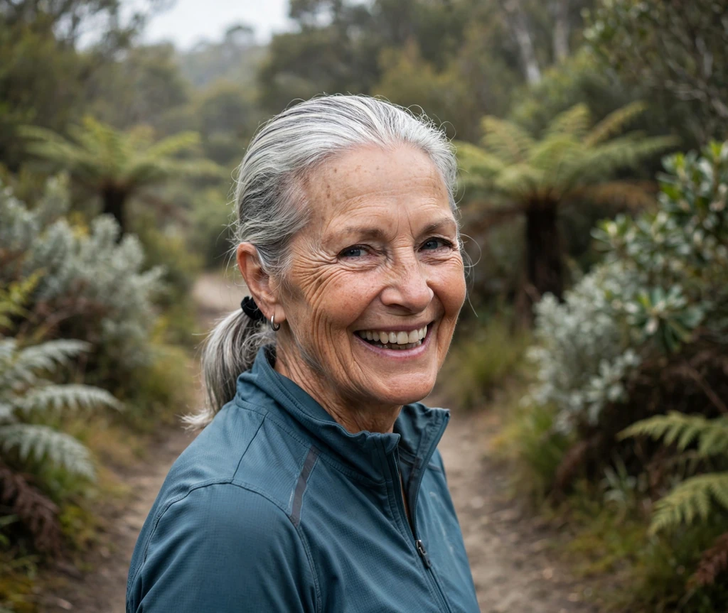 Active senior woman with a sleek silver low ponytail on a hiking trail