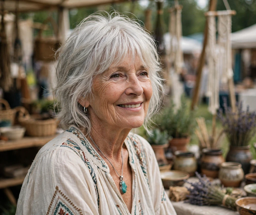 Bohemian senior woman with a wispy platinum shag and soft bangs at a craft fair