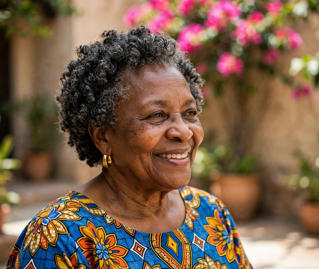 Regal senior woman with soft coiled natural curls in gray-black tones in a courtyard