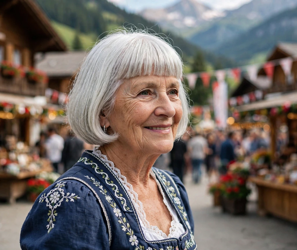Classic senior woman with a neat silver-white bob and full straight fringe at a festival