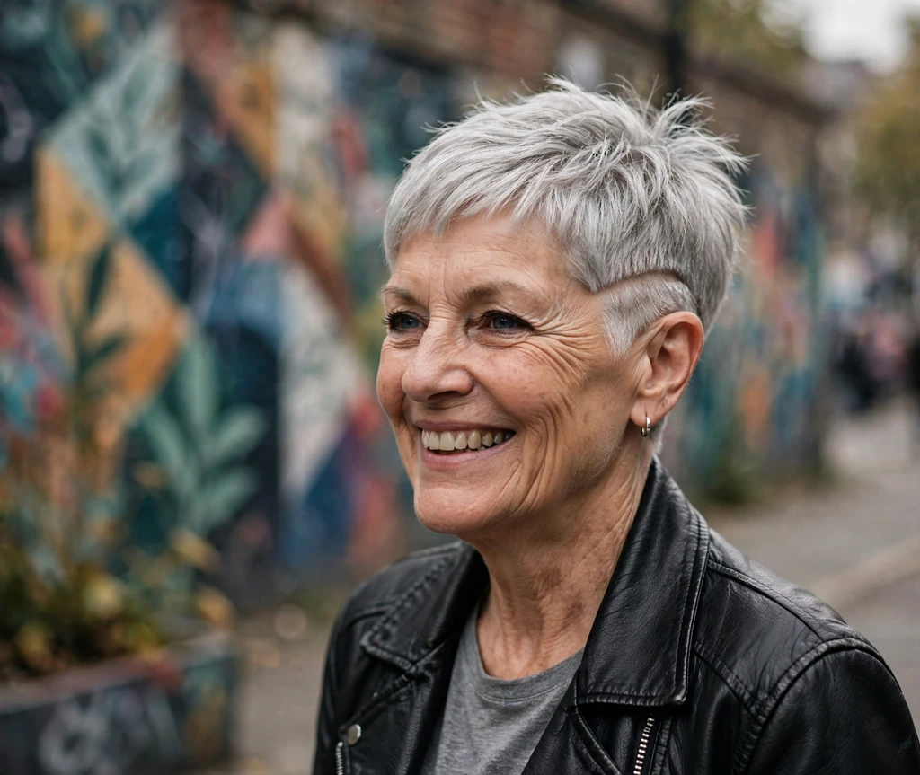 Edgy senior woman with a silver pixie featuring a subtle undercut edge by a mural