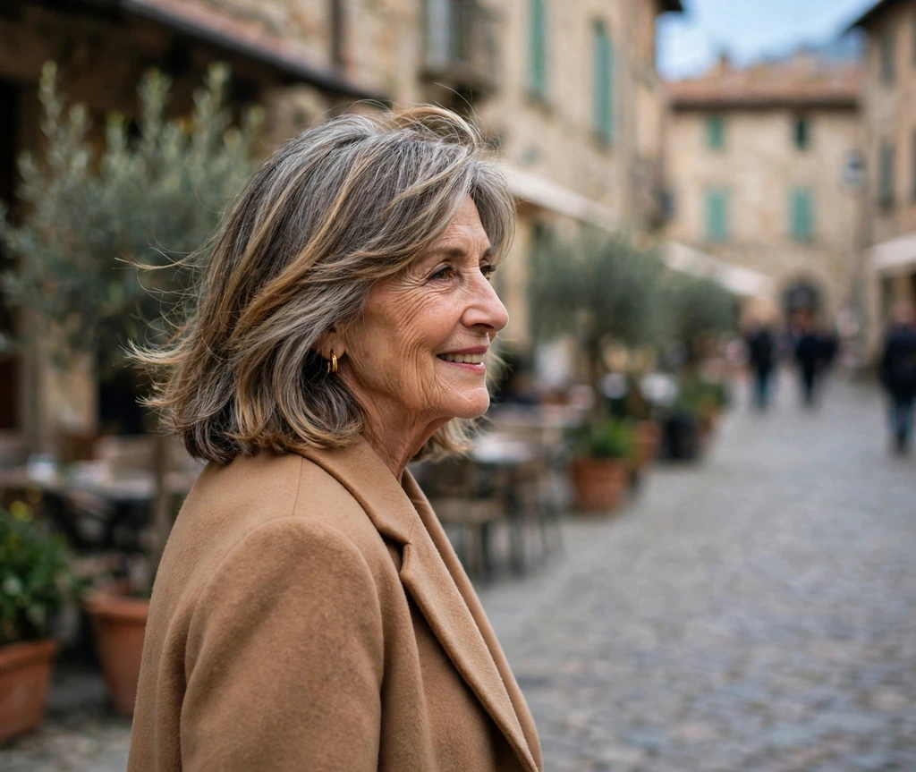Sophisticated senior woman with a layered mid-length cut with caramel highlights on a street