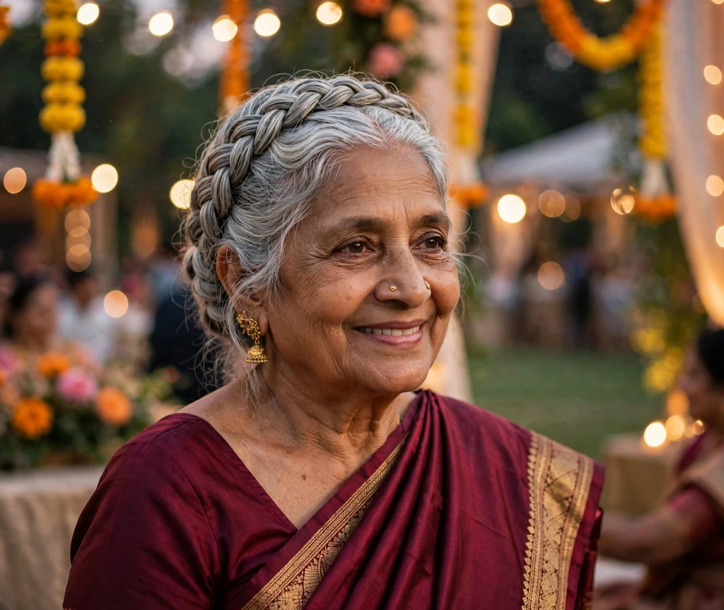 Graceful senior woman with an elegant silver braided crown updo at a wedding