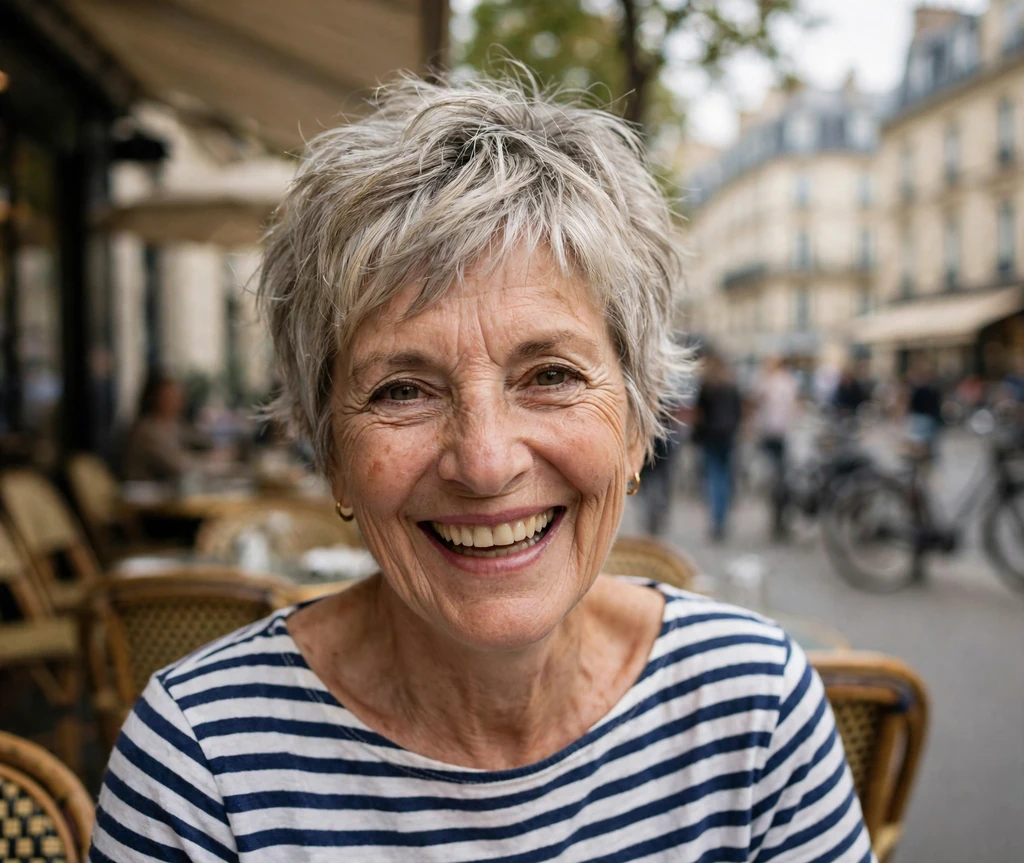 Carefree senior woman with a soft tousled piecey pixie at a Paris cafe