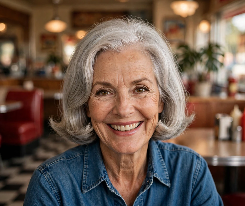 Chic senior woman with a chin-length silver bob with flipped-out ends at a diner