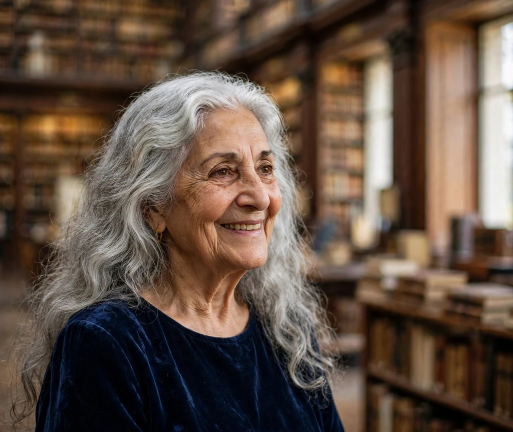Majestic senior woman with long wavy silver locks in a grand library