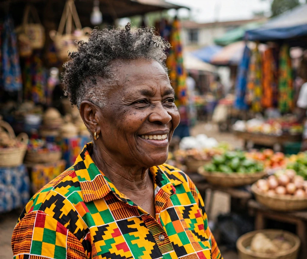 Vibrant senior woman with a short curly taper in salt-and-pepper tones at a market