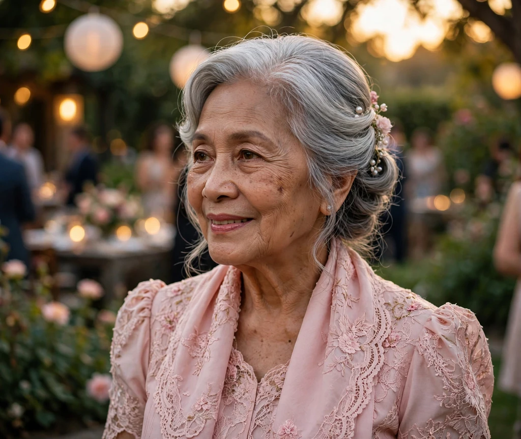 Elegant senior woman with a side-swept silver updo at a garden party