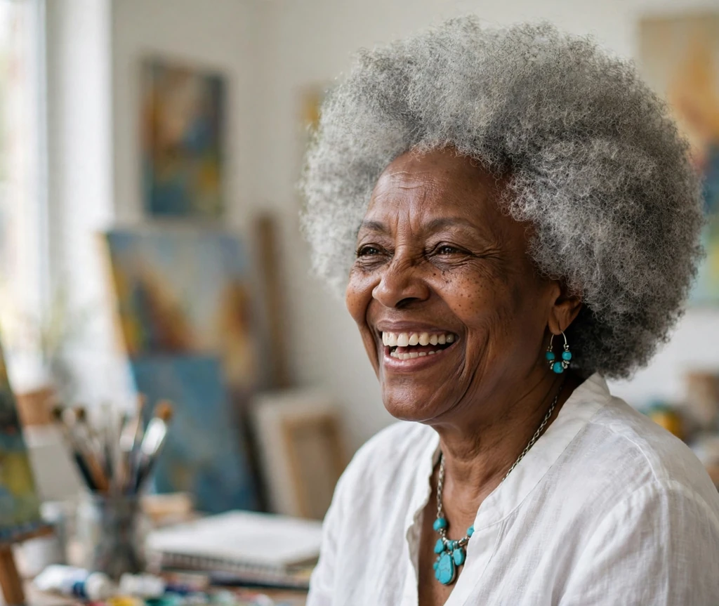 Proud senior woman with a natural gray afro in silver-gray tones in an art studio