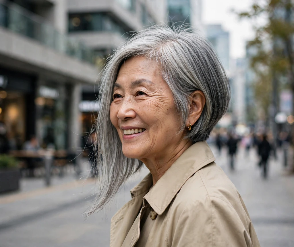 Fashion-forward senior woman with a modern asymmetrical silver bob on a city street