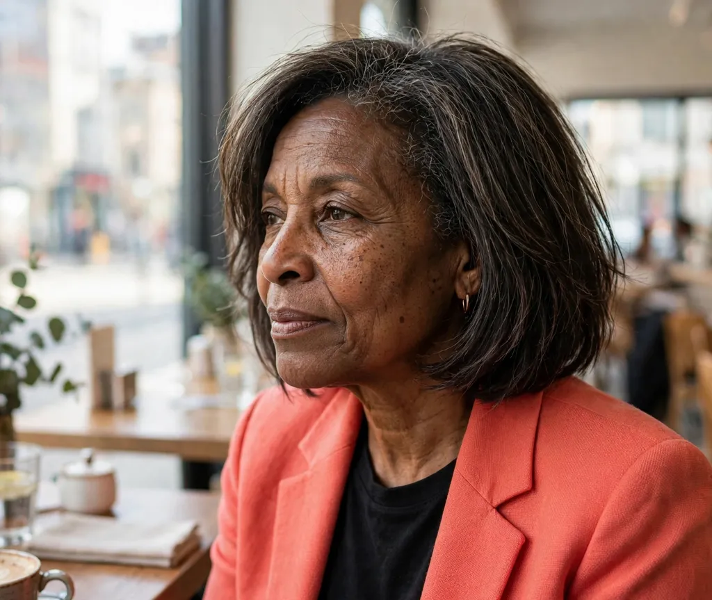 Chin-length layered bob adding fullness on fine hair, Black woman in her late 50s, coral blazer, city café