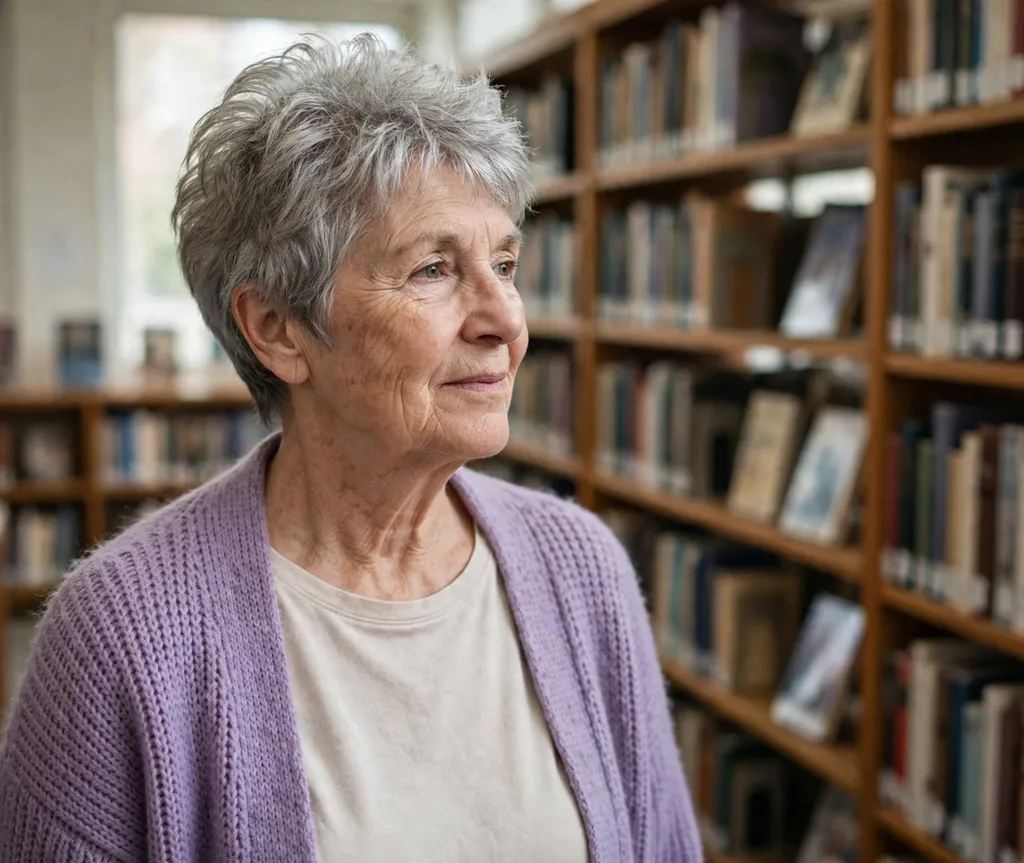 Pixie with full crown volume on fine gray hair, white woman in her mid 60s, lavender cardigan, library