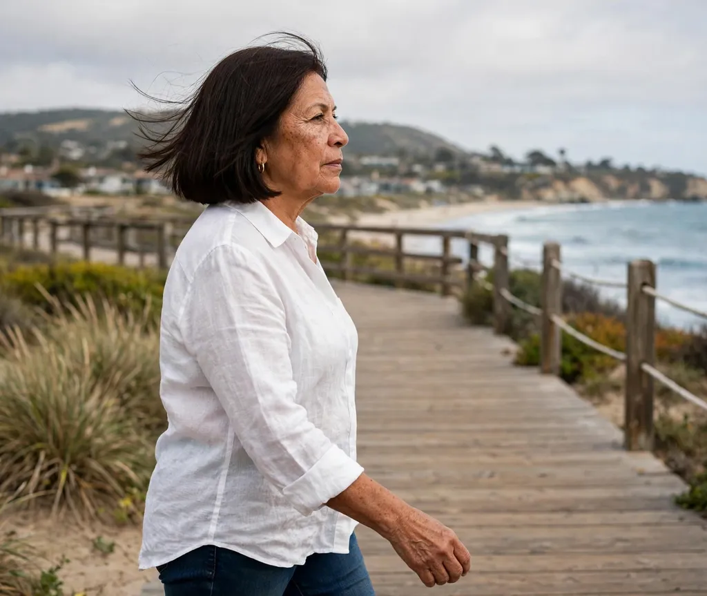 Blunt chin-length bob making fine hair look thicker, Latina woman in her late 50s, white linen shirt, coastal boardwalk