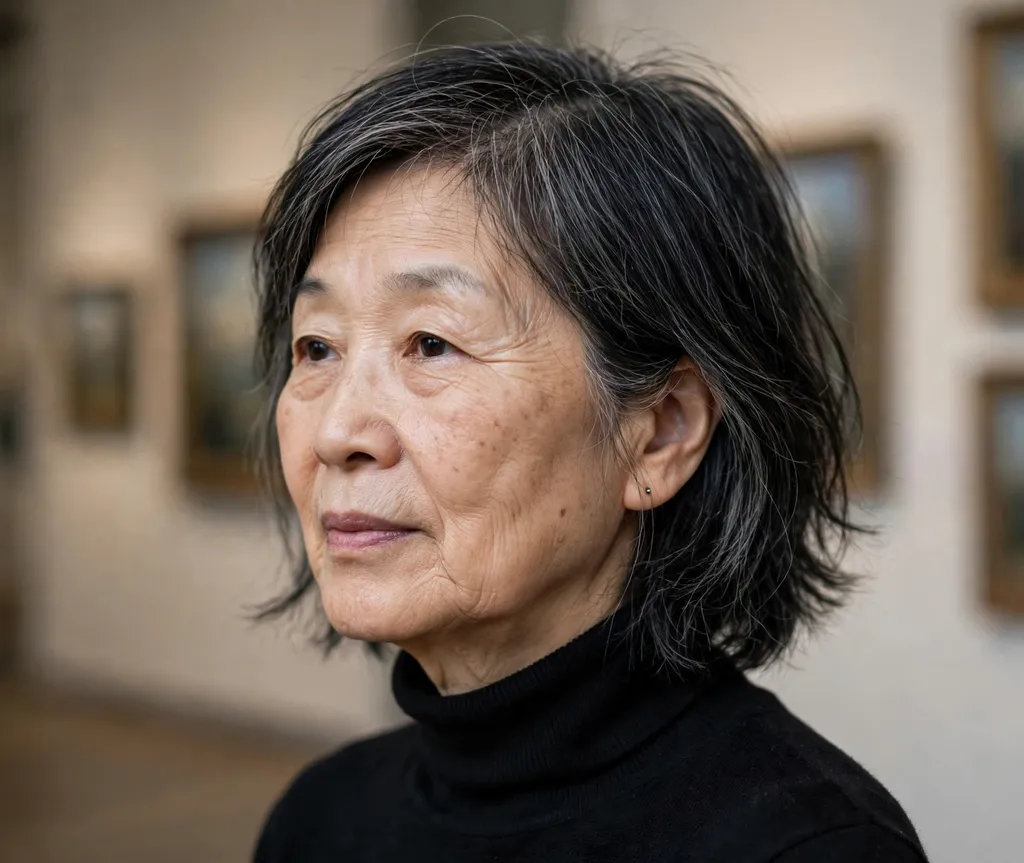 Textured shoulder-length lob with layers for fine hair, East Asian woman in her early 60s, black turtleneck, art gallery