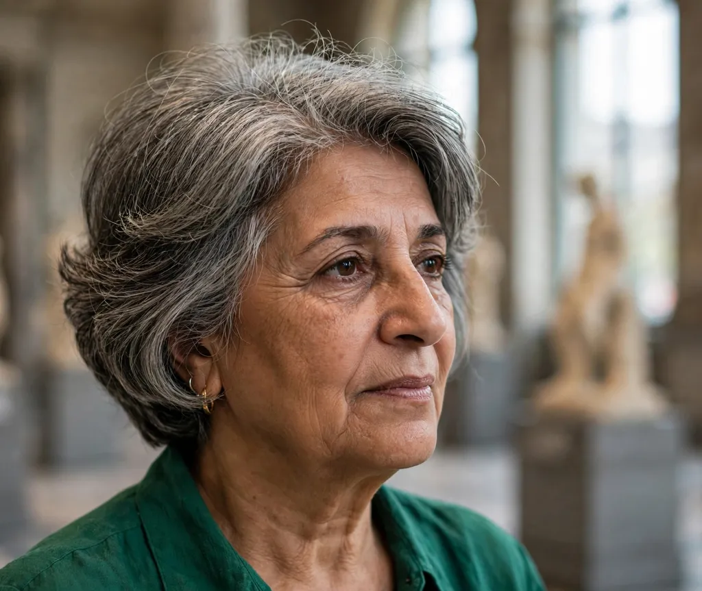 Stacked bob with volume at the back on fine hair, Middle Eastern woman in her late 50s, emerald blouse, museum