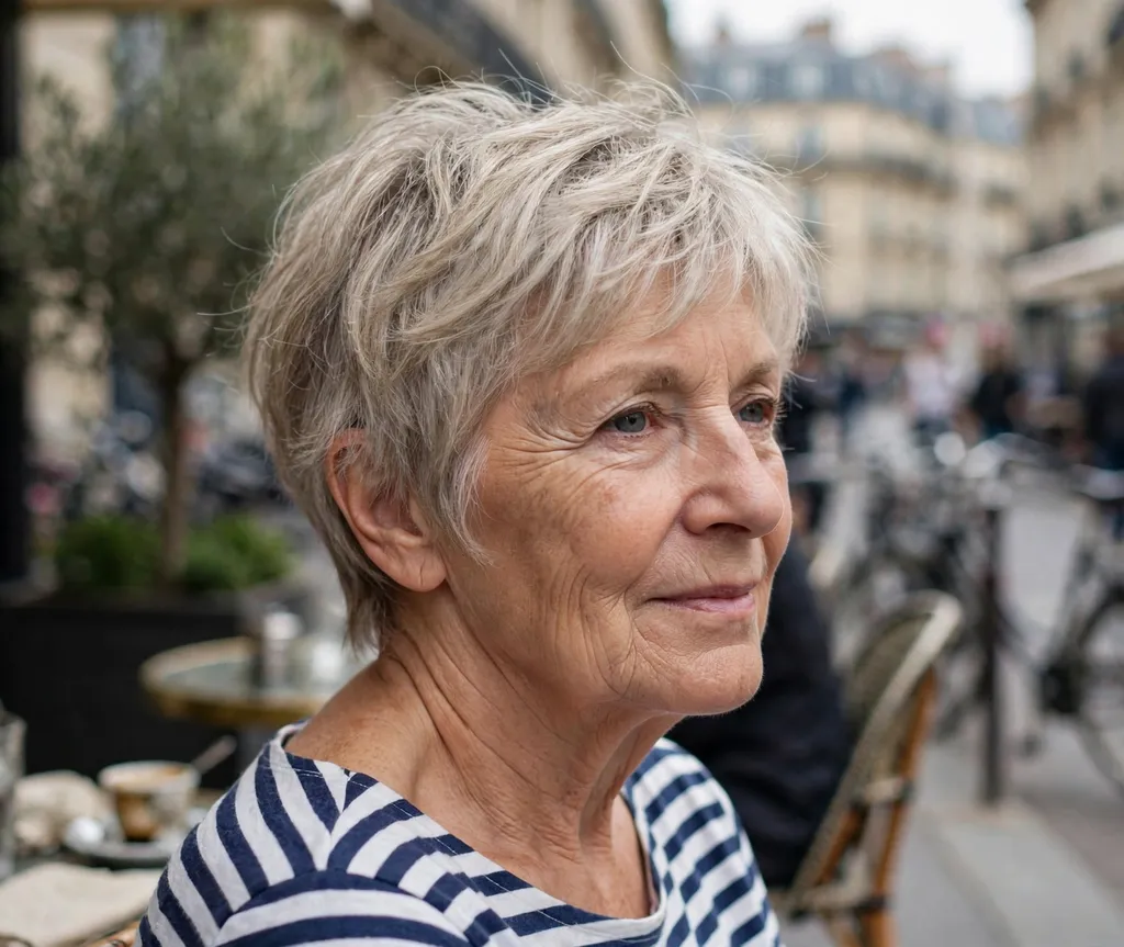 Feathered pixie with soft wispy layers, European woman in her mid 60s, striped Breton top, Parisian café