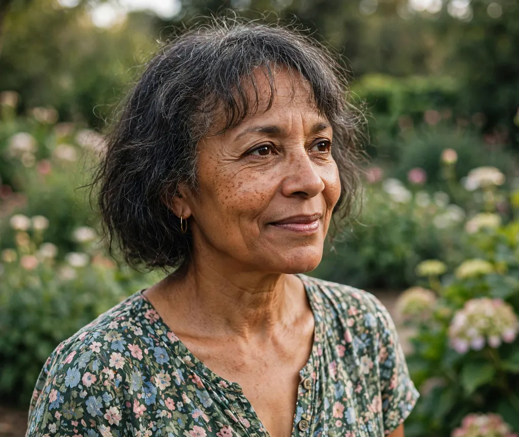 Chin-length bob with soft bangs on fine curly hair, mixed-race woman in her early 50s, floral dress, botanical garden