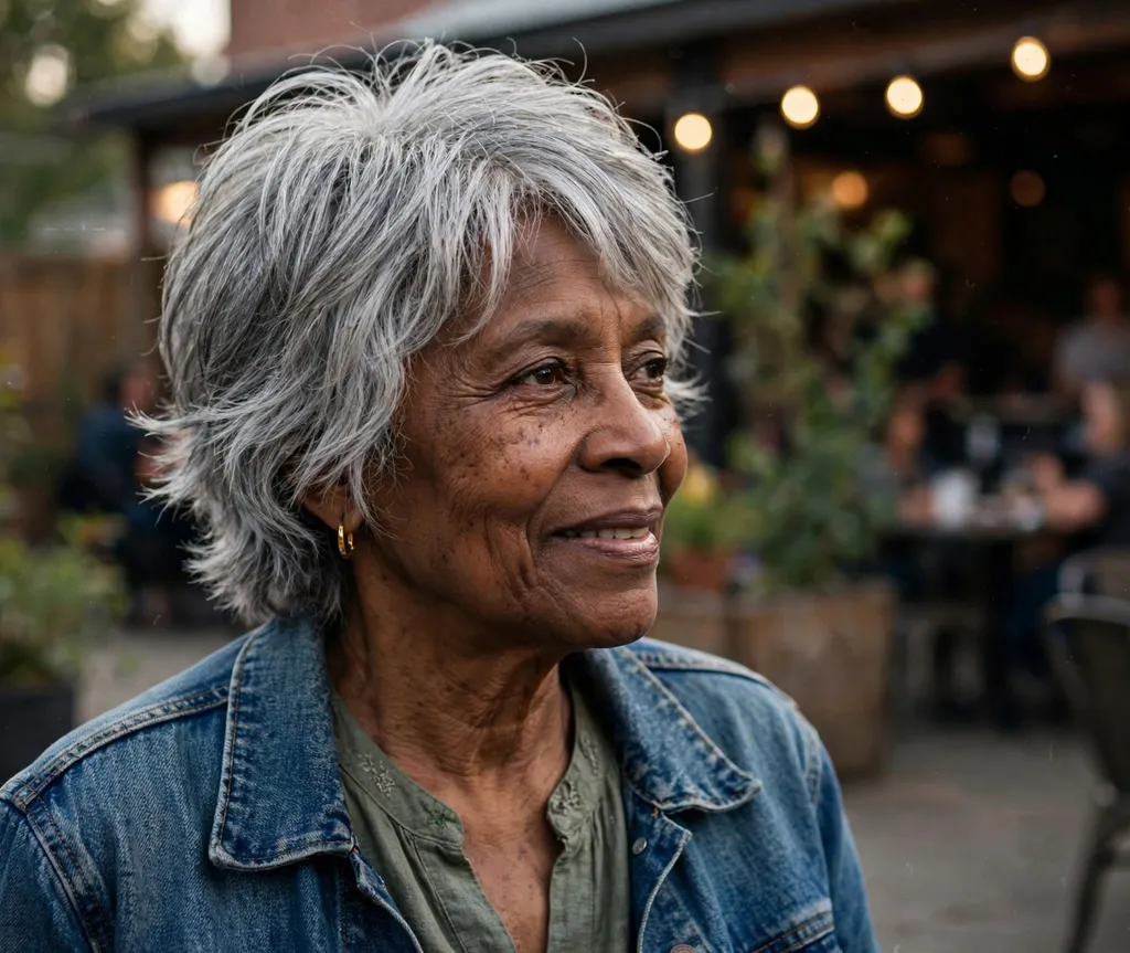 Short layered shag with feathered ends on fine silver hair, Black woman in her late 60s, denim jacket, outdoor music venue