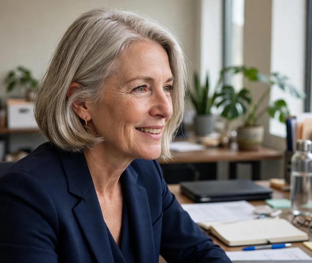 Deep side-part bob with root lift, white woman in her late 50s, navy pantsuit, bright office