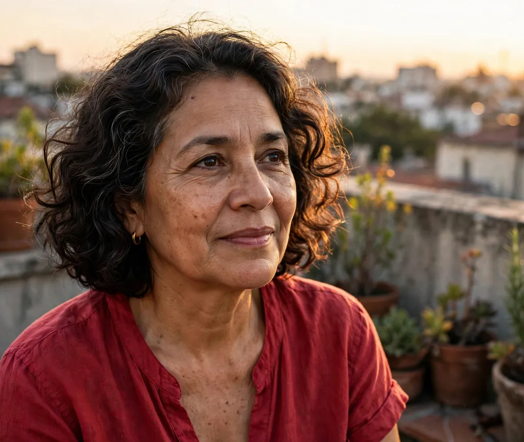 Chin-length curly bob with bounce on fine curls, Latina woman in her mid 50s, red top, rooftop at golden hour