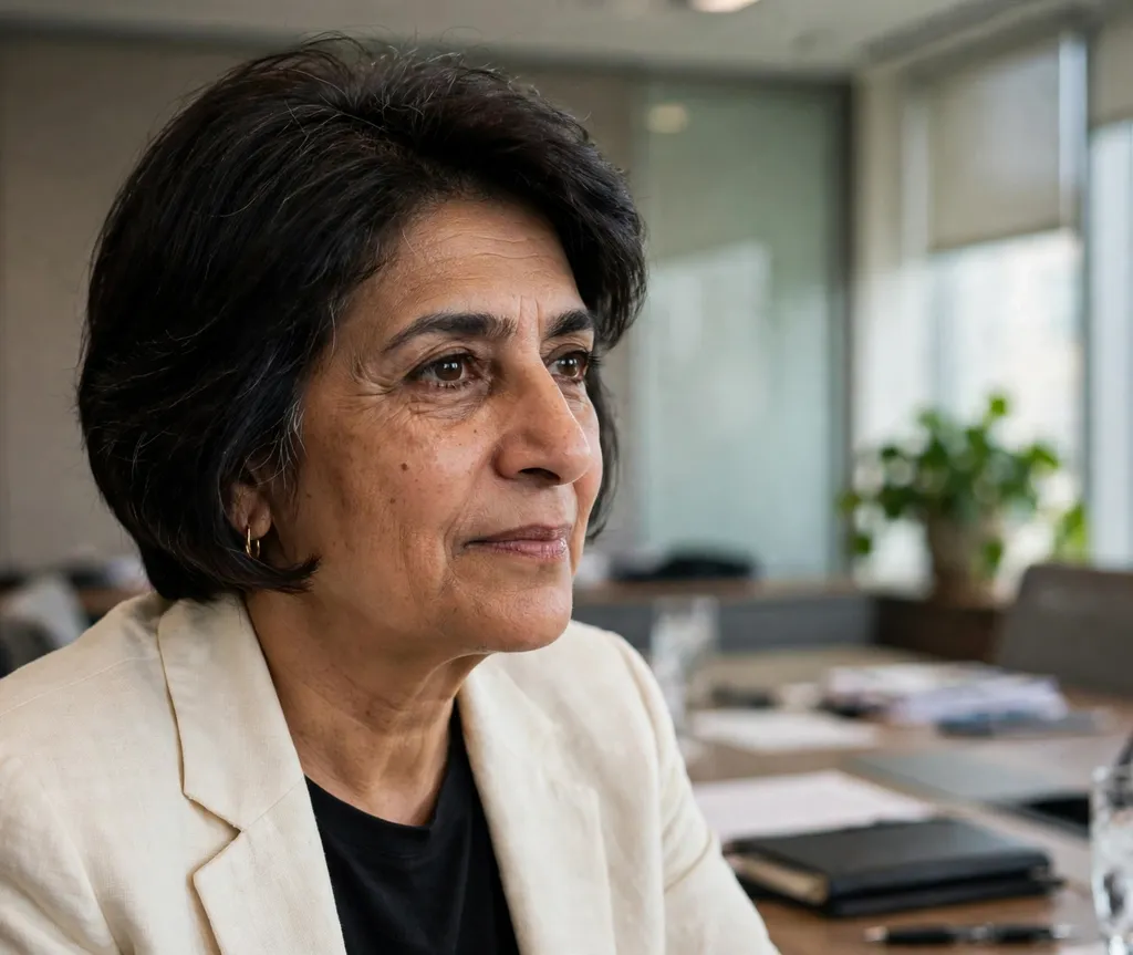 Classic wedge cut with crown volume, Middle Eastern woman in her early 50s, cream blazer, conference room