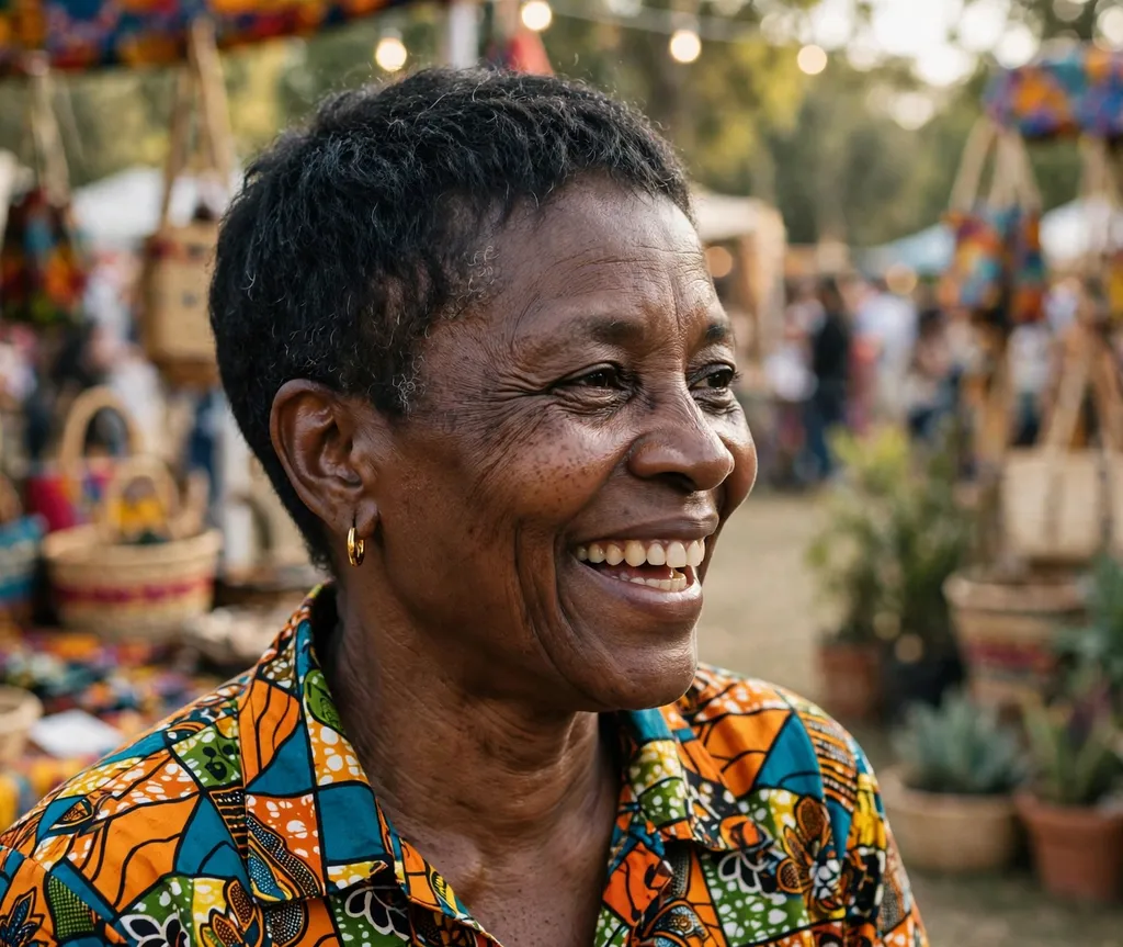 Tapered pixie with neat sides on fine hair, Black woman in her mid 50s, colorful Ankara print top, cultural festival