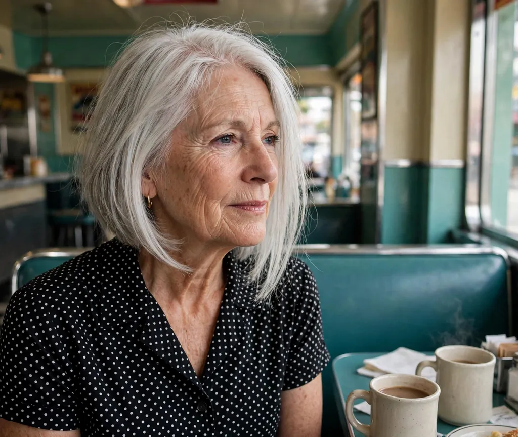 A-line bob longer in front on fine silver hair, white woman in her late 60s, polka-dot dress, retro diner