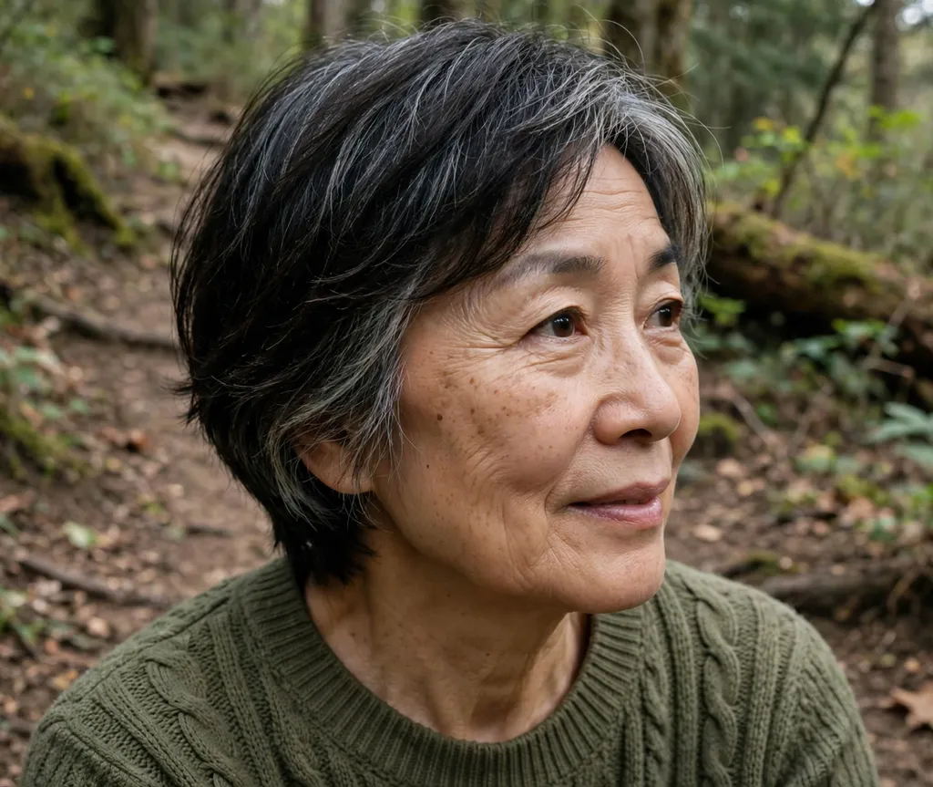 Soft layered crop on fine hair, East Asian woman in her early 60s, olive sweater, forest hiking trail