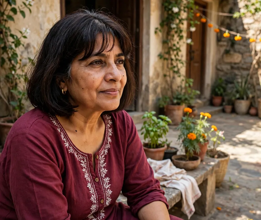 Chin-length bob with curtain bangs framing the face, South Asian woman in her mid 50s, maroon kurta, sunlit courtyard