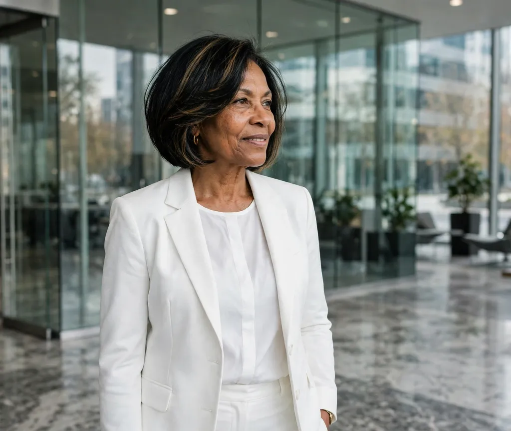 Inverted stacked bob with rounded shape, Black woman in her early 60s, white pantsuit, corporate lobby