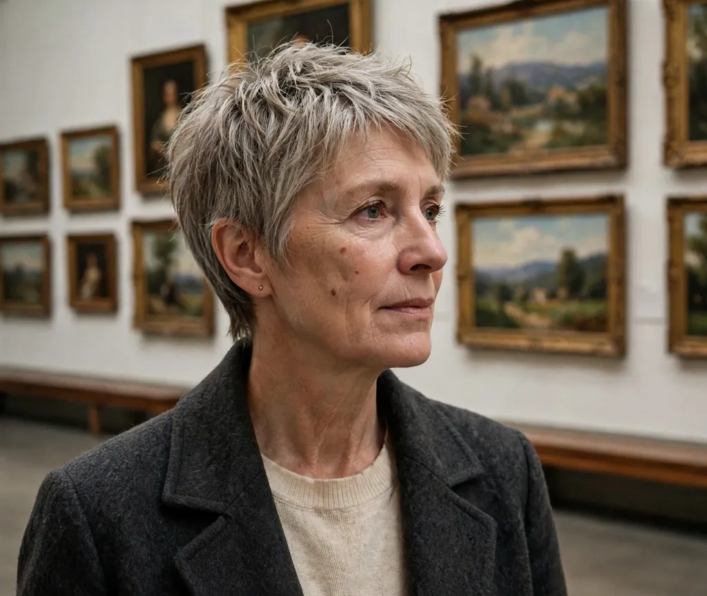 Textured pixie crop with piecey top, white woman in her mid 50s, charcoal coat, museum gallery