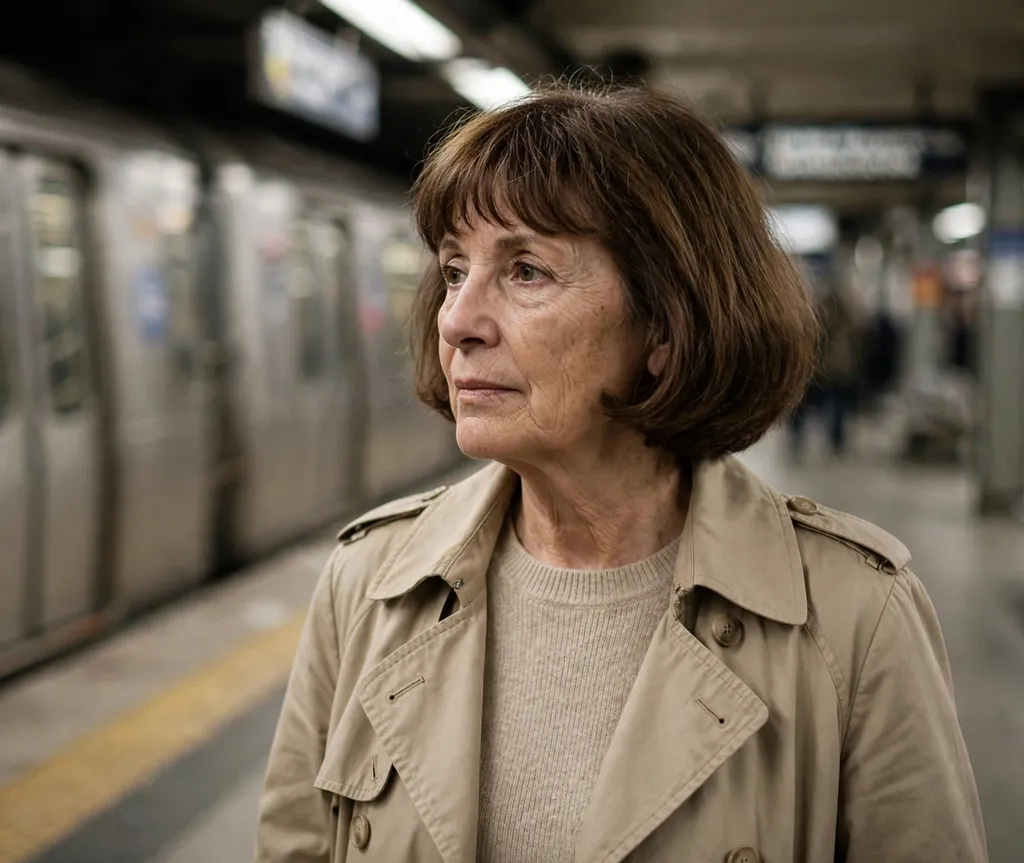 Classic French bob with fringe on fine chestnut hair, European woman in her early 60s, beige trench coat, subway platform
