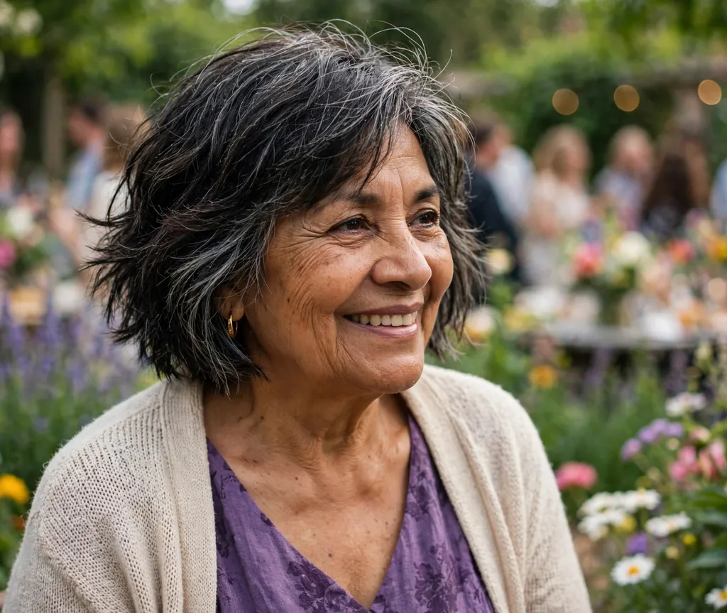 Choppy bob with textured ends for volume, Latina woman in her late 60s, purple dress, garden party