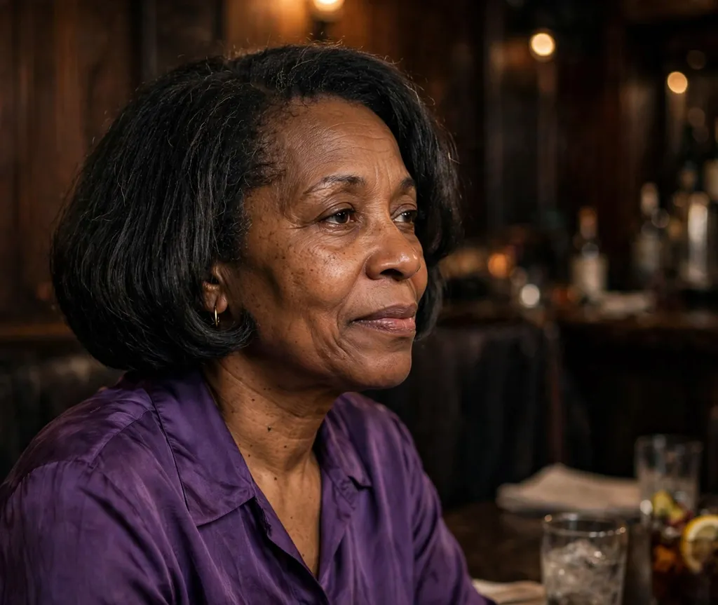 Rounded bob curving softly under on fine hair, Black woman in her early 50s, purple silk blouse, jazz club