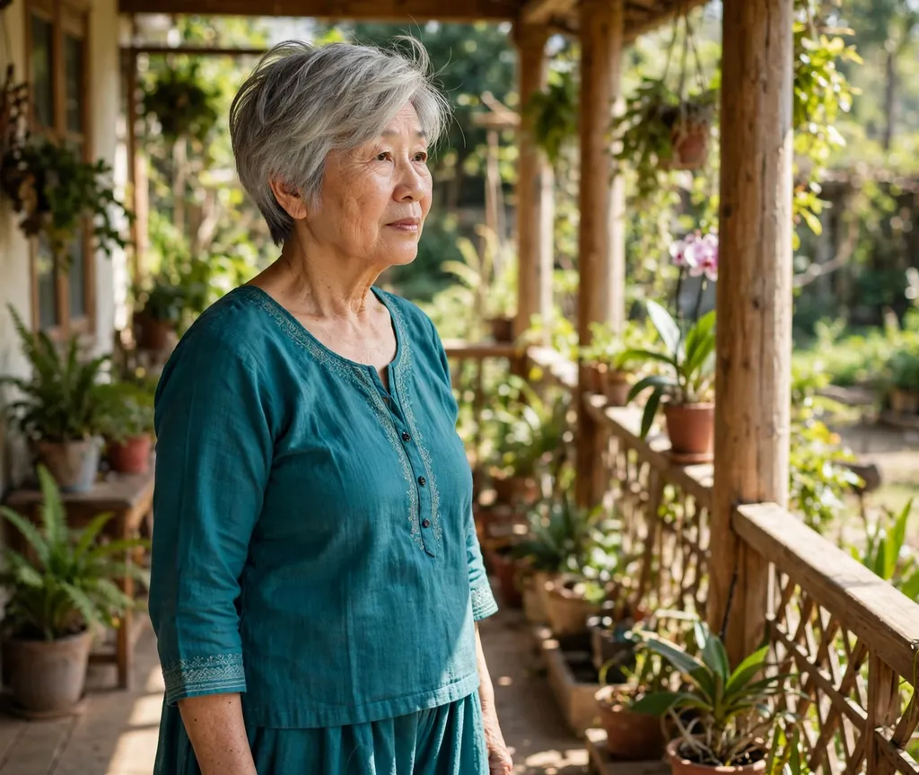 Pixie-bob bixie with side-swept top on fine silver hair, East Asian woman in her mid 60s, teal salwar, sunlit veranda