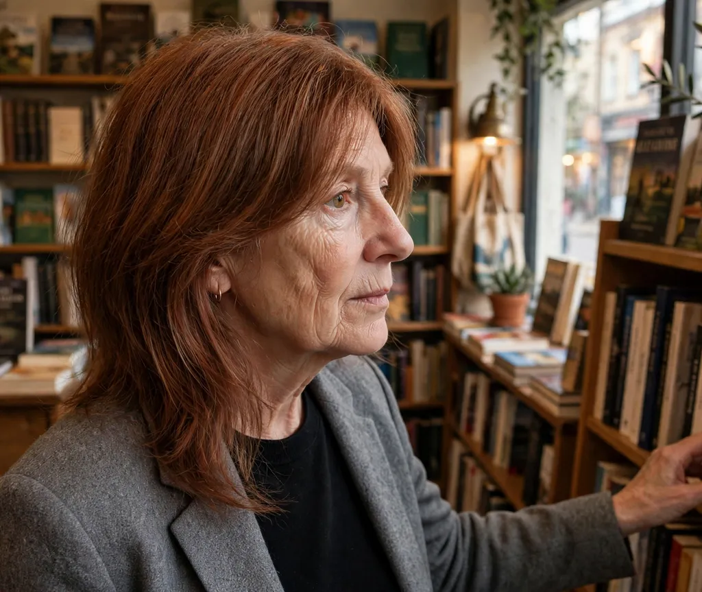 Asymmetrical bob one side longer, white woman in her late 50s, gray blazer, bookstore