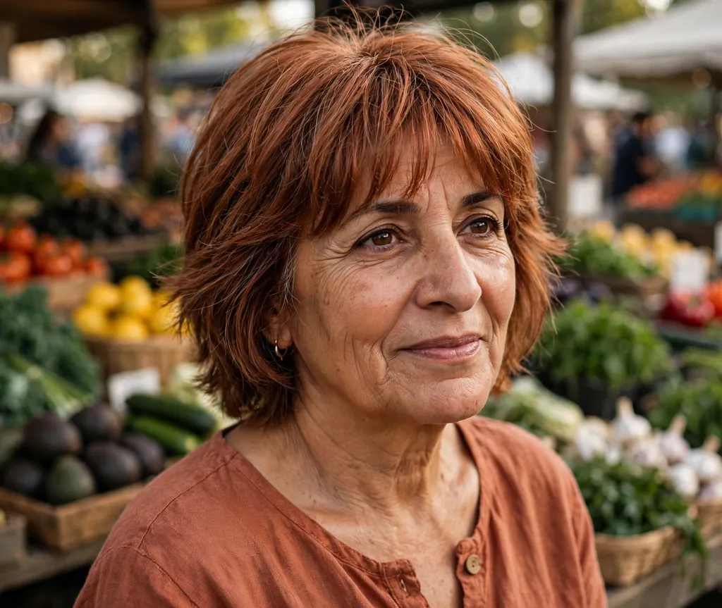 Short layered shag with curtain layers on fine copper hair, Middle Eastern woman in her late 50s, terracotta top, farmers market
