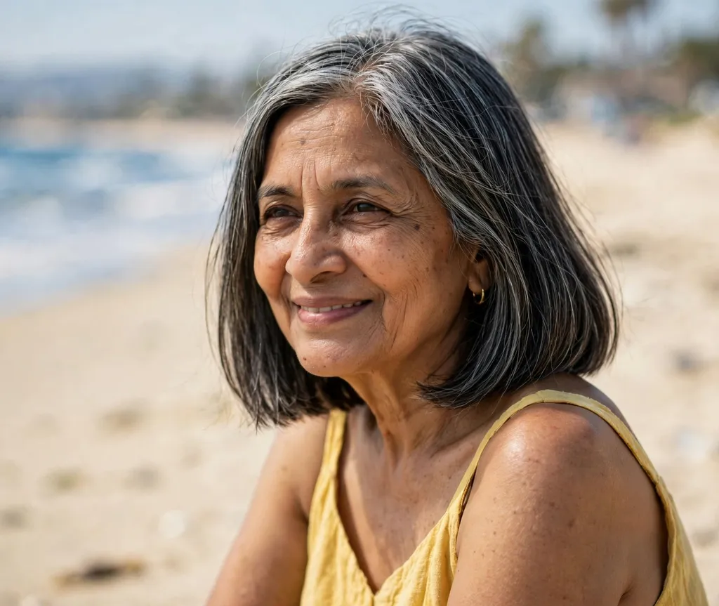 Blunt shoulder-length lob with full ends, South Asian woman in her late 60s, yellow sundress, sunny beach