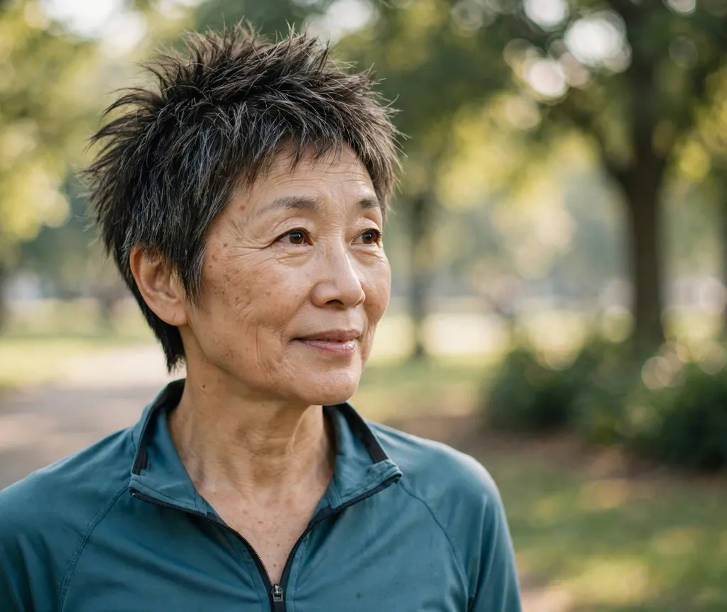Spiky textured pixie on fine dark hair, East Asian woman in her late 50s, sporty zip-up top, park morning